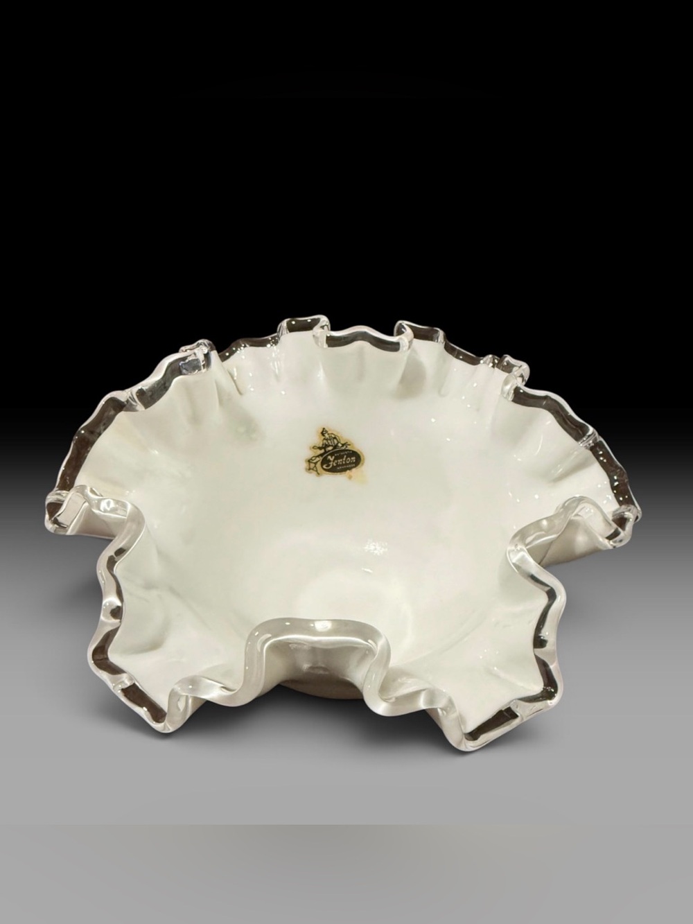 Fenton White Ruffled Glass Bowl with Silver Trim
